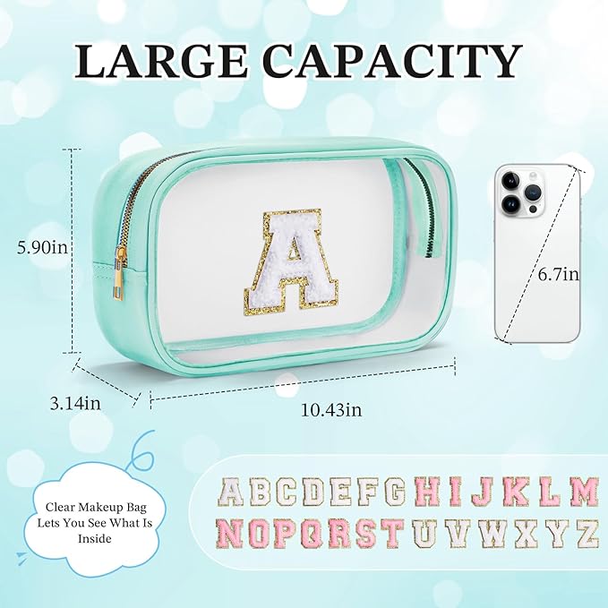 YOOLIFE Initial Make Up Bag Travel Toiletry Bag, Clear Makeup Bag Preppy Cosmetic Bags Organizer Travel Essentials Gifts for Women Teen Girlfriend Teacher Mom Birthday 12 Year Old Girl Gifts Blue T-FemmiqueWomen