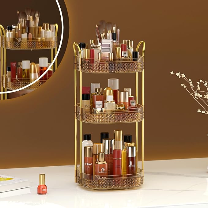 Awenia Rotating Makeup Organizer 360, Stackable Adjustable Large Capacity Cosmetic Storage Unit,Dresser Bathroom Kitchen Countertop Organizer with Metal Handle, Plus Size (Honorable Gold, 3 Tier)-FemmiqueWomen