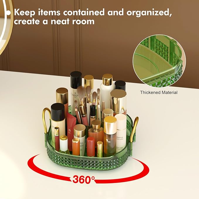Awenia Rotating Makeup Organizer 360, Stackable Adjustable Large Capacity Cosmetic Storage Unit,Dresser Bathroom Kitchen Countertop Organizer with Metal Handle, Plus Size (Gem Green, 1 Tier)-FemmiqueWomen