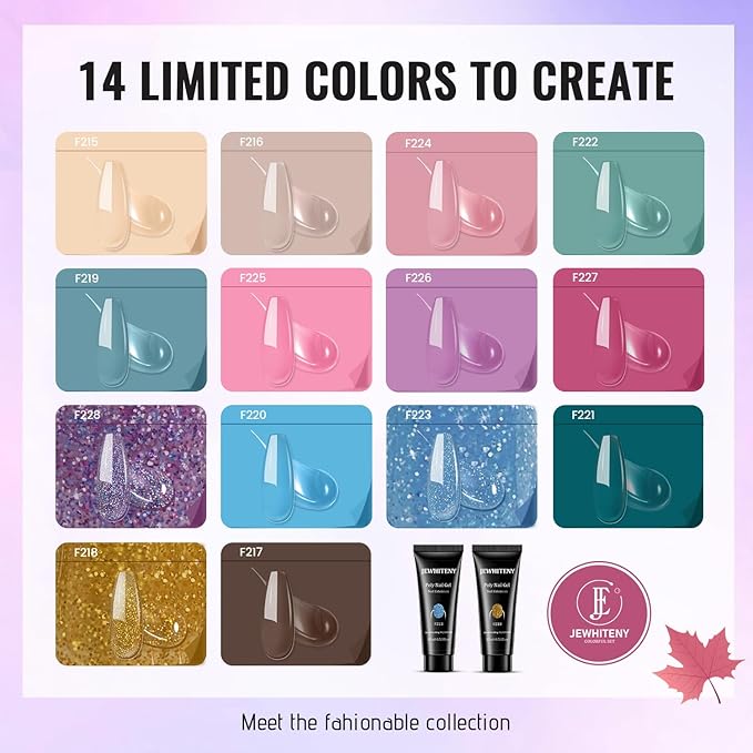 JEWHITENY Poly Gel Nail Kit 14 Colors - Yellow Nude Pink Blue Purple Glitter Tones Starter Kit with UV Lamp Base & Top Coat All-in-One Gift for Women Need U V Light Curing-FemmiqueWomen