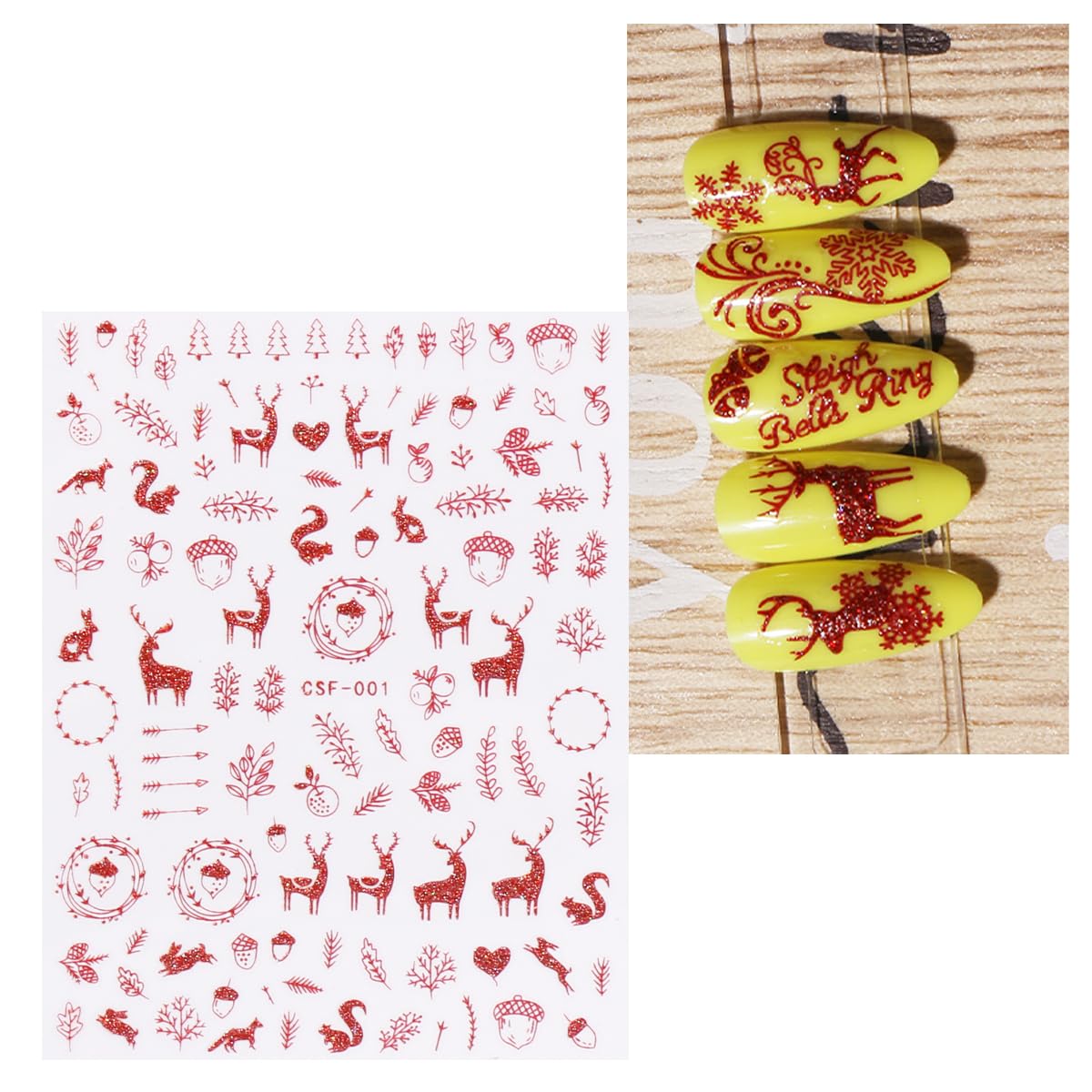 JMEOWIO 9 Sheets Christmas Glitter Nail Art Stickers Decals Self-Adhesive Red Nail Supplies Nail Art Design Decoration Accessories-FemmiqueWomen