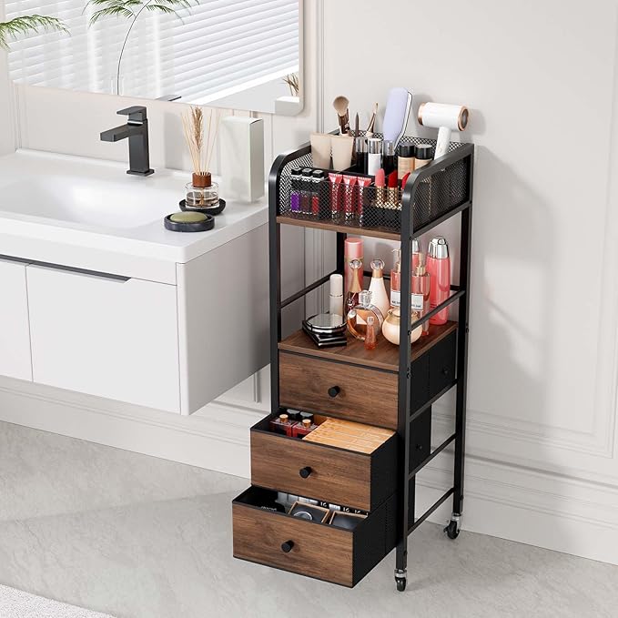 HapiRm Rolling Makeup Cart Organizer - Floor Skincare Make Up Storage with 3 Drawers, Vanity Organizer Cosmetic Display Cases Holder for Skin Care Perfume Nail Polish Brush Hair Tool-FemmiqueWomen