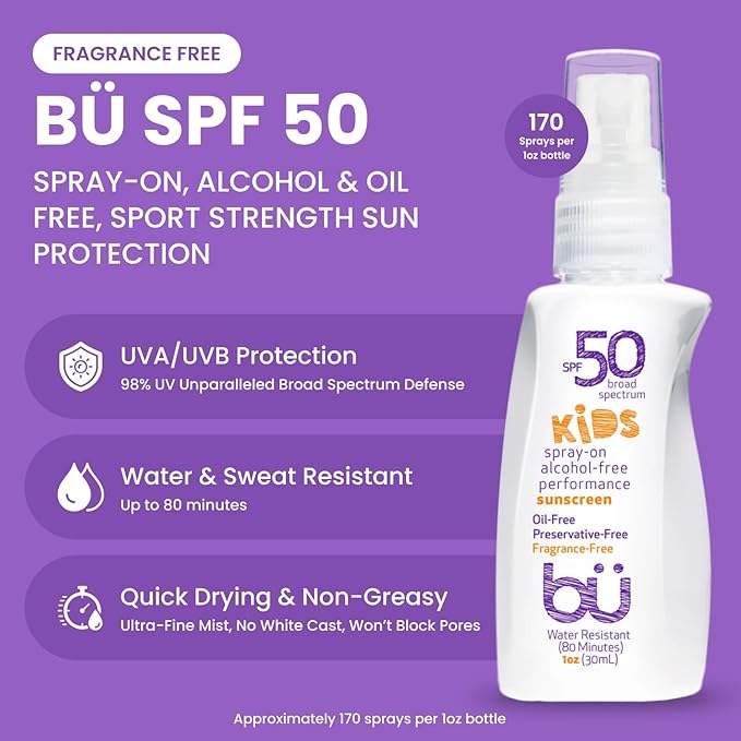 BU SPF 50 Kids Sunscreen Spray for Face and Body, Non Aerosol Spray, TSA Travel Size Sunscreen, Clear, Non Greasy, Water Resistant, Oil Free, Fragrance Free 1 oz-FemmiqueWomen
