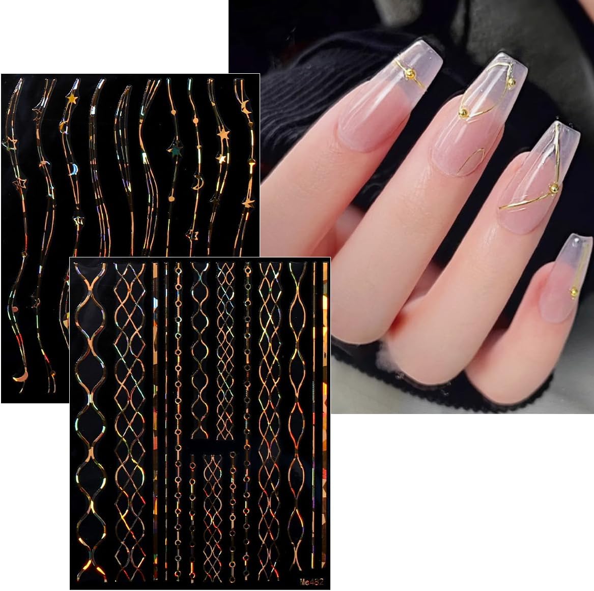 JMEOWIO 9 Sheets Marble Line Nail Art Stickers Decals Self-Adhesive Gold Nail Supplies Nail Art Design Decoration Accessories-FemmiqueWomen