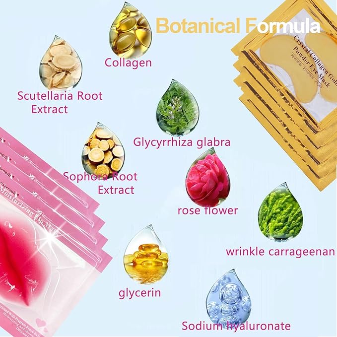 30 Pairs Lip Masks & 24K Gold Gel Eye Masks, Under Eye Collagen Patches and Crystal Gel Lip Masks Collagen Under Eye Mask for Dark Circles Puffiness and Wrinkles-FemmiqueWomen