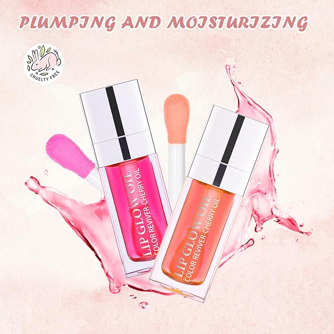 2PCS Lip Oil Set, Hydrating Lip Glow Oil Lip Plumper Gloss, Tinted Lip Oils Transparent Long Lasting Non-sticky Lip Gloss, Plumping Lip Gloss Lip Care Kit (Raspberry & Pink)-FemmiqueWomen