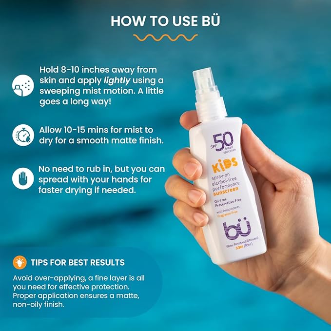 BU SPF 50 Fragrance Free Kids Sunscreen Spray for Face and Body, TSA Travel Size Sunscreen, Clear Non Aeorsol Spray, Non Greasy, Water Resistant and Oil Free, 3.3 oz and 1 oz (2-Piece Bundle)-FemmiqueWomen