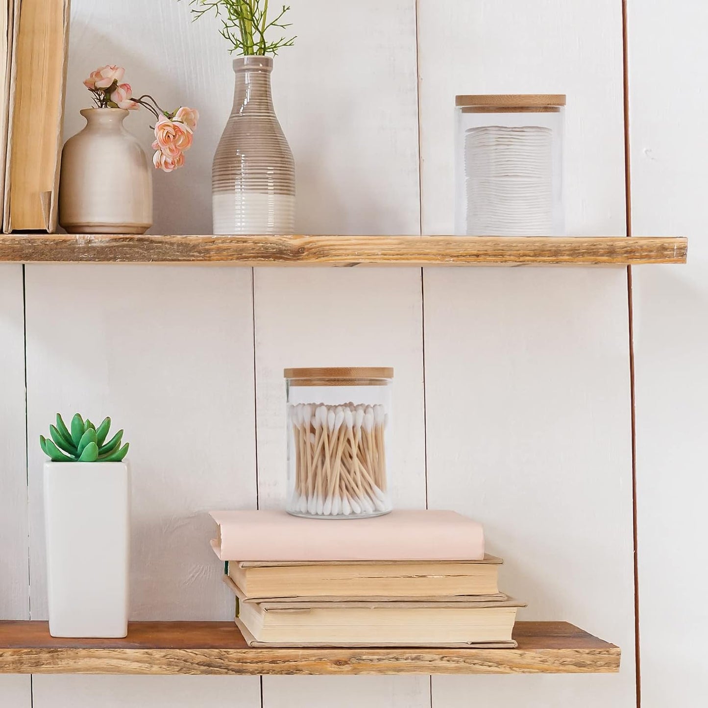 2 Pack Glass Qtip Holder Dispenser Set - Apothecary Jars with Lids - Vanity Makeup Organizer and Bathroom Canister Storage Organizer for Cotton Ball, Swab, Round Pads,Floss-FemmiqueWomen