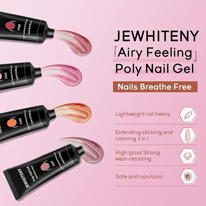 JEWHITENY Poly Extension Gel Nail Kit 14 PCS Poly Gel Kit with Slip Solution and Mini Lamp Nail Art Design Beginner-FemmiqueWomen