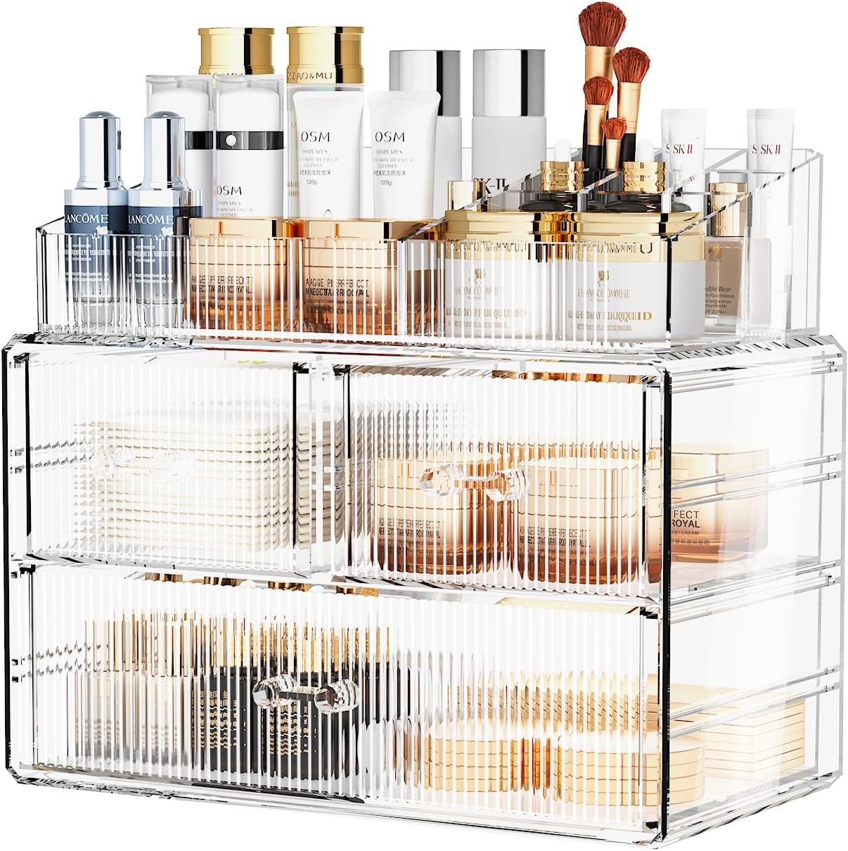 ZHIAI Stackable Cosmetic Organizer, Acrylic Cosmetic Organizer for Dresser, Vanity, Kitchen Cabinet, Bathroom, Under Sink, Home Organization and Storage (1 Top 3 Drawers)-FemmiqueWomen