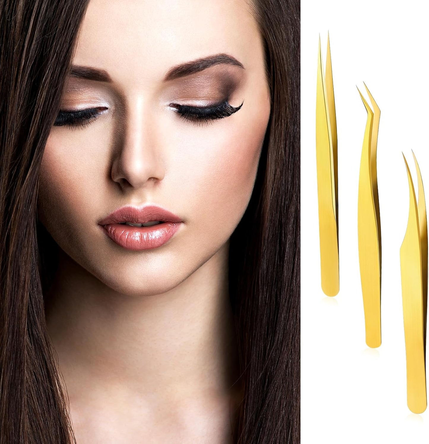 3 PCS Lash Tweezers for Eyelash Extensions, High Precision Gold Metal Tweezers Set Fiber Tip and Curved Isolation Tweezers Eyelash Extension Tools for Women Volume Lash, Crafting, Jewelry Making-FemmiqueWomen
