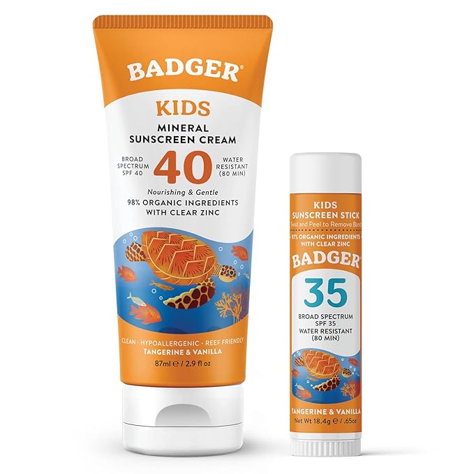 Badger Kids Mineral Sunscreen Combo, SPF 40 Cream + SPF 35 Kids Face Stick, Organic Sunscreens w/Mineral Zinc Oxide, Water Resistant, Reef Safe Broad Spectrum, Tangerine & Vanilla Scent, 2-Count-FemmiqueWomen