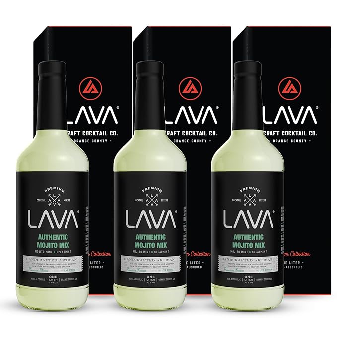 (3 Pack) LAVA Premium Authentic Mojito Mix, Made with Real Lime Juice, Mojito Mint, Spearmint, Demerara, Cane Sugar, Refreshing Rum Mojito Mixer. Ready to Use. 1-Liter (33.8oz) Glass Bottle-FemmiqueWomen