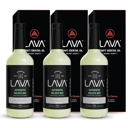(3 Pack) LAVA Premium Authentic Mojito Mix, Made with Real Lime Juice, Mojito Mint, Spearmint, Demerara, Cane Sugar, Refreshing Rum Mojito Mixer. Ready to Use. 1-Liter (33.8oz) Glass Bottle-FemmiqueWomen