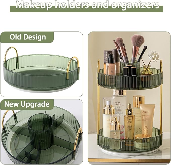 Rotating Makeup Organizer for Vanity, High-Capacity Skincare Clear Make Up Storage Perfume Organizers Cosmetic Dresser Organizer Countertop 360 Spinning (Green, New-2 Tier)-FemmiqueWomen