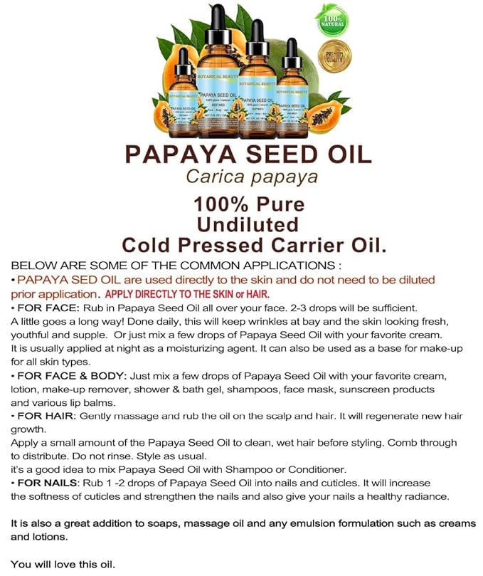 PAPAYA SEED OIL. 100% Pure / Natural / Undiluted /Refined Cold Pressed Carrier Oil. 0.5 Fl.oz.- 15 ml. For Skin, Hair And Lip Care.-FemmiqueWomen