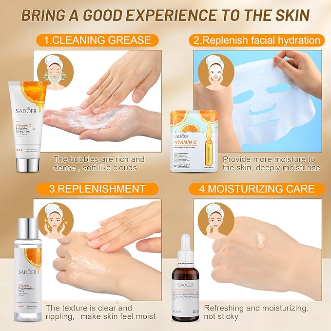 10 Pcs Skin Care Sets Face Care Set for Women Includes 1 Pcs Cleanser, Toner, Lotion, Eye Cream, Serum, Face Cream, Lip Balm and 3 Facial Masks Skincare Gift for Girls (Vitamin C)-FemmiqueWomen