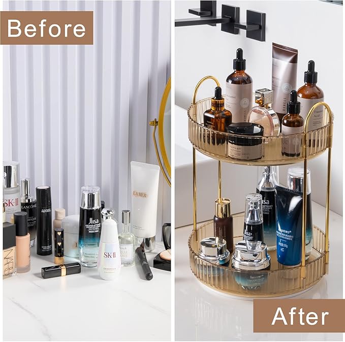 Rotating Makeup Organizer for Vanity, High-Capacity Skincare Clear Make Up Storage Perfume Organizers Cosmetic Dresser Organizer Countertop 360 Spinning (Gold, 2 Tier)-FemmiqueWomen