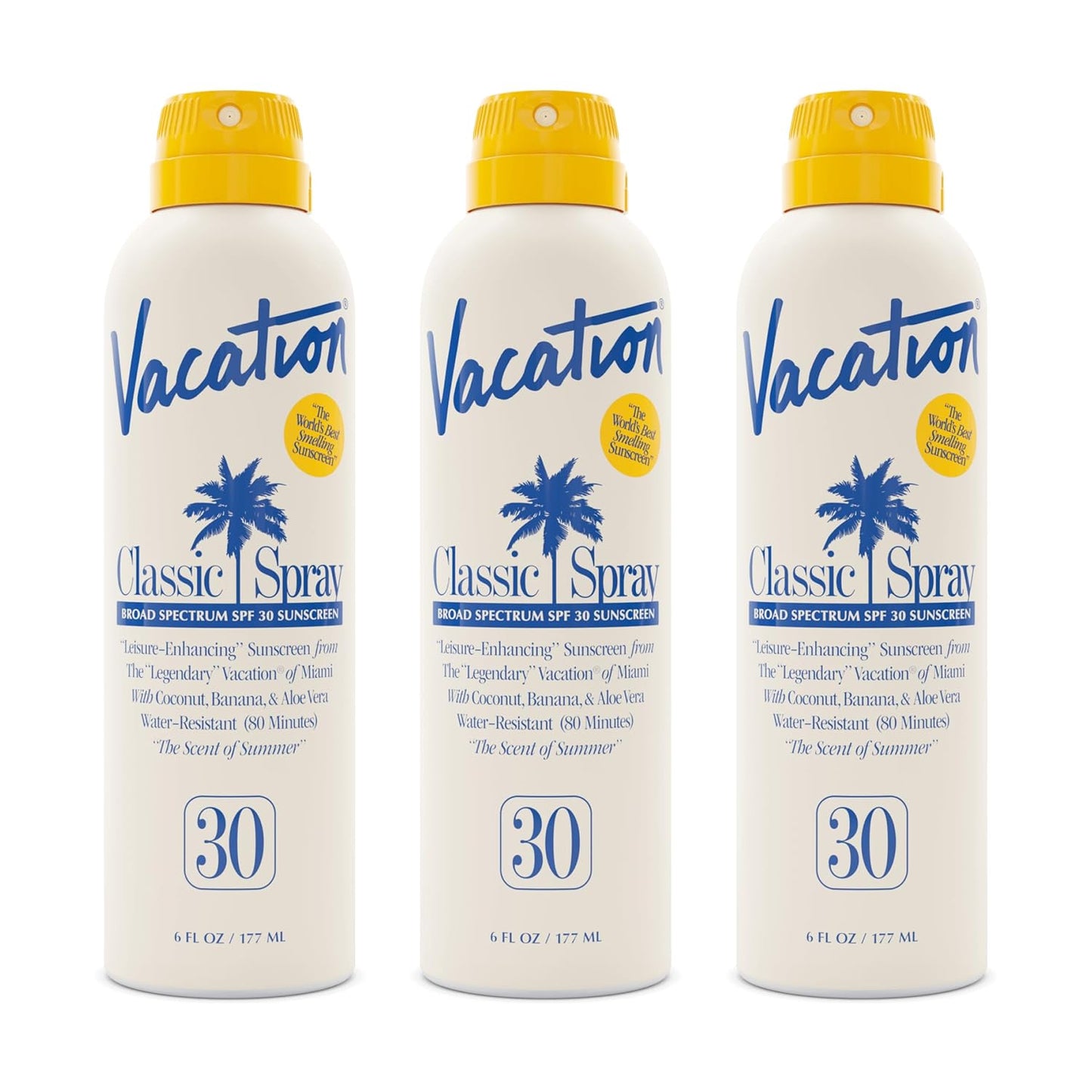 Vacation Classic Sunscreen Spray SPF 30, Water-Resistant, Lightweight, Transparent on All Skin Tones, Dermatologist-Tested, Vegan, 6 Fl. Oz. (Value Pack of 3)-FemmiqueWomen