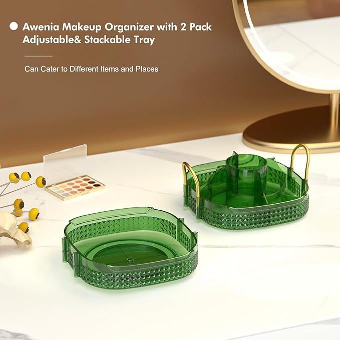 Awenia Rotating Makeup Organizer 360, Stackable Adjustable Large Capacity Cosmetic Storage Unit,Dresser Bathroom Kitchen Countertop Organizer with Metal Handle, Plus Size (Gem Green, 2 Tier)-FemmiqueWomen