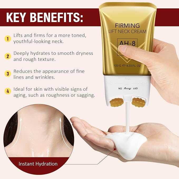 AH-8 Firming Neck Cream with Roller - Anti-Aging Moisturizer for Neck & Chest - Lifts, Tightens, Deeply Hydrates, Reduces Fine Lines & Wrinkles - For Crepey, Sagging Skin - 4.23 fl.oz-FemmiqueWomen