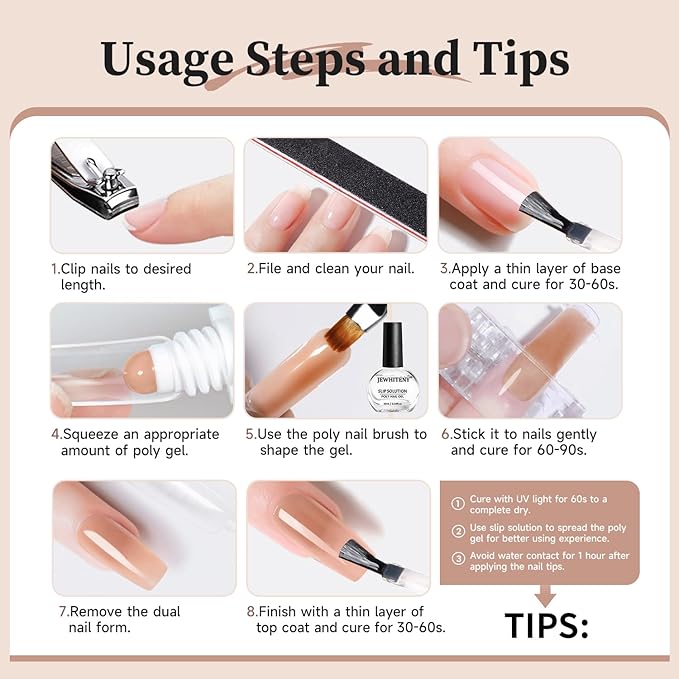 JEWHITENY Poly Nail Gel Set Clear Nude Brown Neutral Classic Color Base and Top Coat Slip Solution Poly Extension Gel With Acrylic Nail Builder Need U V Lamp Curing-FemmiqueWomen