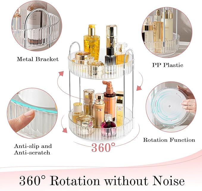Rotating Makeup Organizer, 360° Spinning Makeup Storage Holder Rack, Dresser Bathroom Organizer Countertop, Large Capacity Perfume Skincare Lipstick Organizer for Vanity.(2 Tiers, Transparent)-FemmiqueWomen