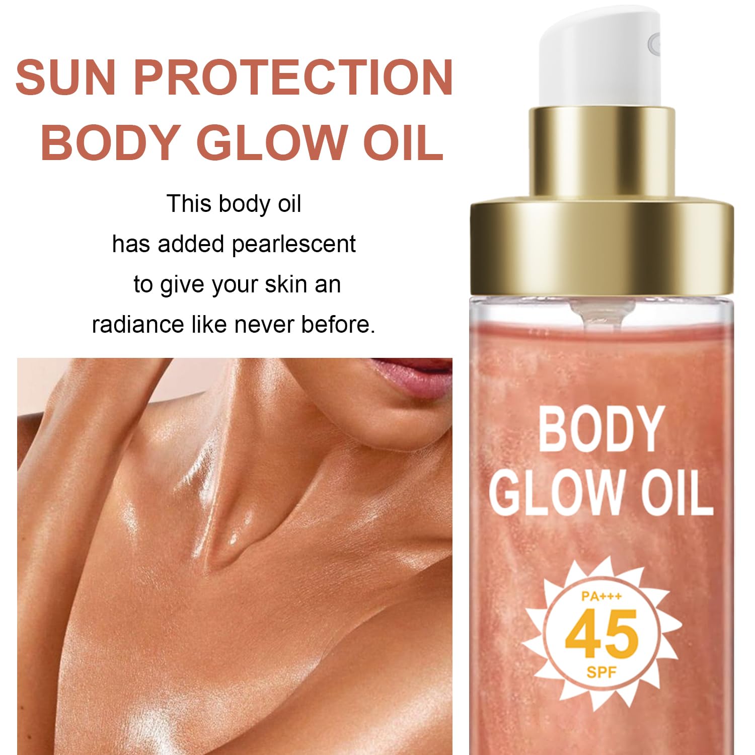 Body Glow Oil, Sunscreen Shimmer Oil, SPF 45 Broad Spectrum, Body Oil with with Coconut Oils, Moisturizing Glow for Face & Body, Liquid Illuminator Highlighter, Water Resistant, 3.72 fl oz (#02 ROSE)-FemmiqueWomen