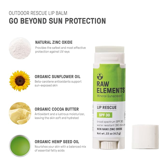 Raw Elements Organic Outdoor Sunscreen Lip Balm Rescue - SPF 30, UVA-UVB Protection, Reef-Safe, Non-Nano Zinc, Water Resistant, 0.15 oz (Pack of 1)-FemmiqueWomen