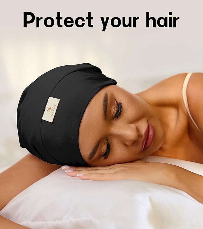 100% Mulberry Silk Bonnet for Sleeping for Curly Hair and Braids, Wrap with Adjustable Strap for Women and Men,Real Silk, Not Satin(1Pc,Black)