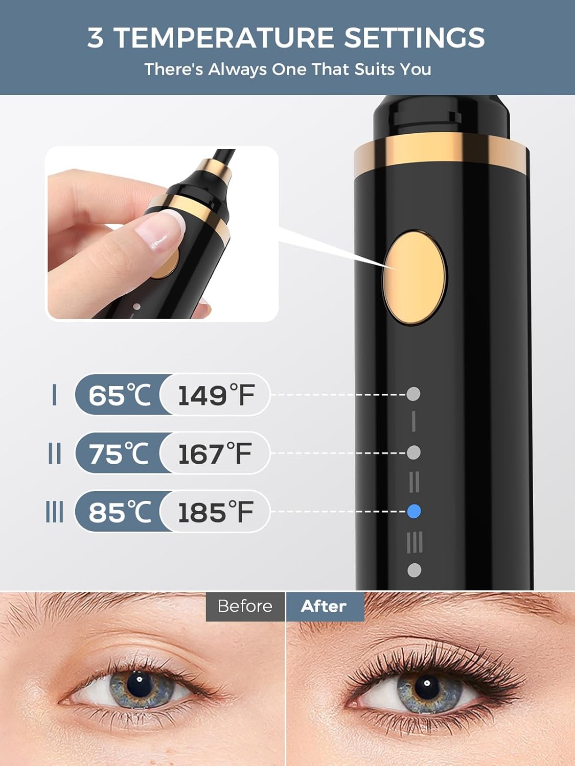 Smiling Shark Heated Eyelash Curler, 2025 New 360°Wand-Style Heated Lash Brush Rechargeable with 3 Brush Heads & 3 Temp 【Lengthen/Define/Curler】 3-in-1 Lash Curler for All Types of Lashes, Black-FemmiqueWomen