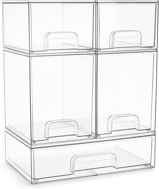 Sorbus Acrylic Storage Containers - 5 Pack, Stackable Storage Bins Set for Bathroom Organization - Clear Acrylic Drawer Organizers - Makeup Case Pull-Out Drawers (7.6’’ and 4.4’’ Tall and 12.1’’ Wide)-FemmiqueWomen