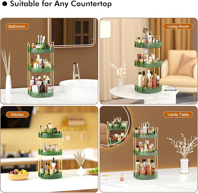 Awenia Rotating Makeup Organizer 360, Stackable Adjustable Large Capacity Cosmetic Storage Unit,Dresser Bathroom Kitchen Countertop Organizer with Metal Handle, Plus Size (Gem Green, 3 Tier)-FemmiqueWomen