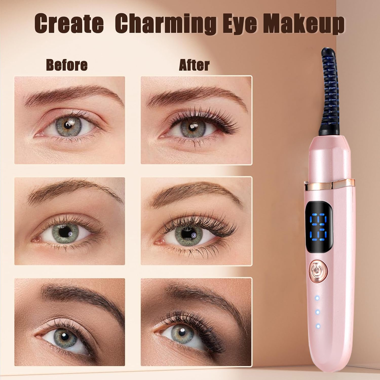 Heated Eyelash Curlers with Battery Indicator, Electric Eyelash Curler 3 Temperature Modes LED Display USB Rechargeable Makeup Tools, Heated Lash Curler Ideal Christmas Gift for Women (Pink)-FemmiqueWomen
