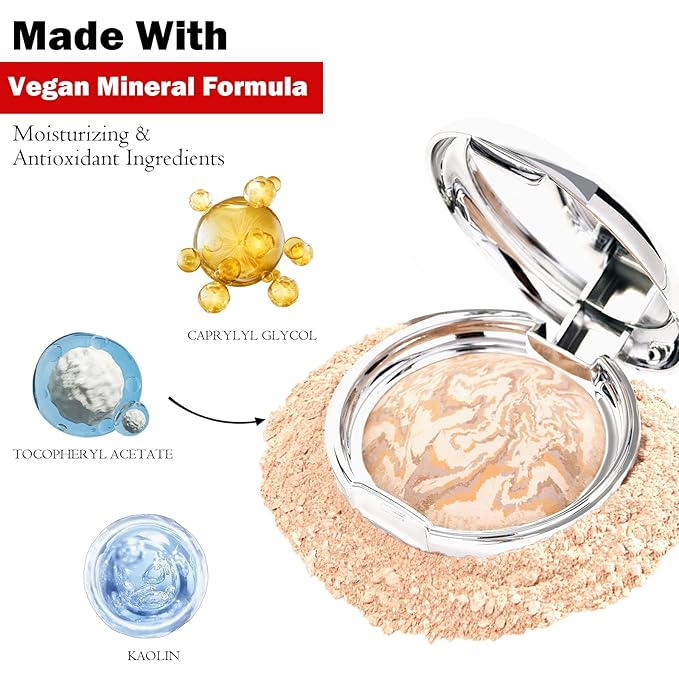 Marbleized Baked Foundation Makeup, Balance and Brighten Color Correcting Powder Foundation - Buildable Light to Medium Coverage - Demi-Matte Natural Finish (#001 FAIR, 0.32 Oz)-FemmiqueWomen
