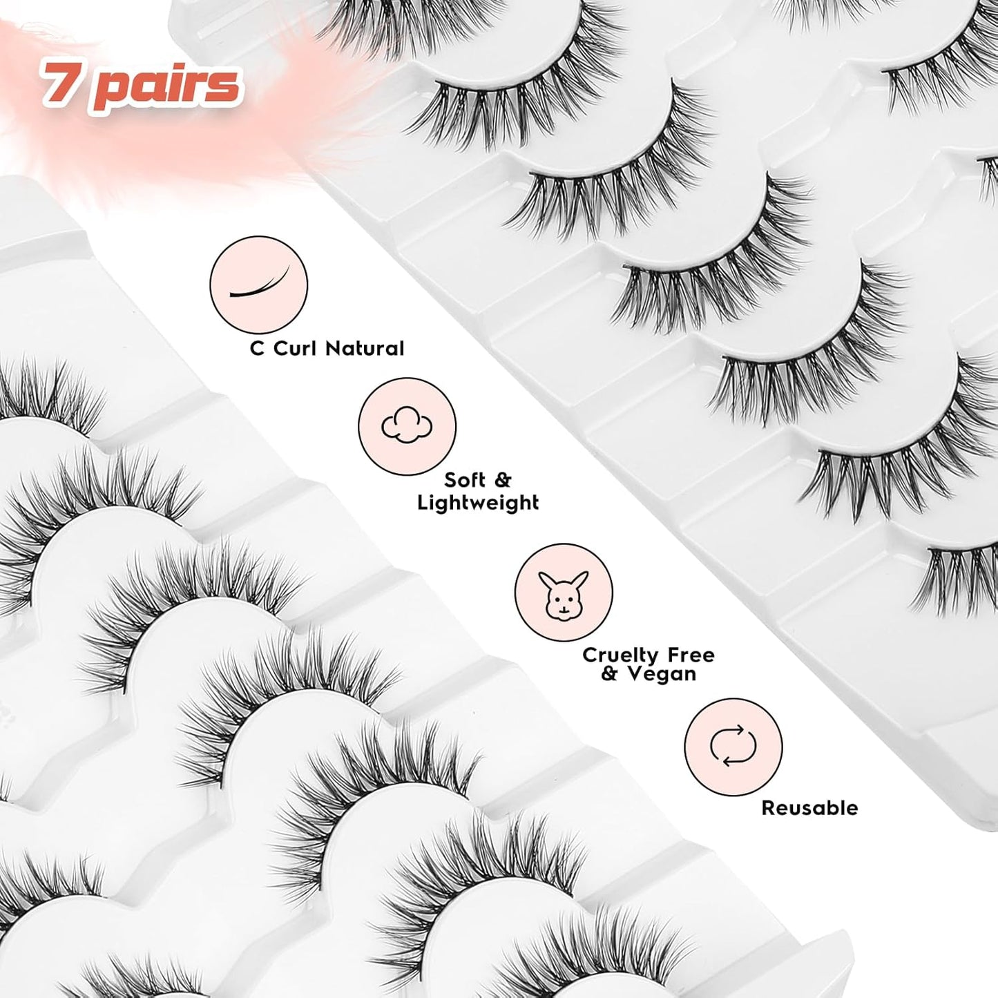 Eyelashes Natural Cat Eye Lashes False Eyelashes Wispy Lashes Flared Lashes Pack C Curl Eyelash Soft False Lashes 12mm Short Lashes Siligli 7 Pair-FemmiqueWomen