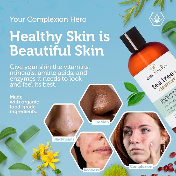 Era Organics Purifying Tea Tree Oil Face Wash - Balancing Cleanser for Oily, Blemish-Prone Skin with Salicylic Acid - Sulfate-Free, Fragrance Free, Made in USA-FemmiqueWomen