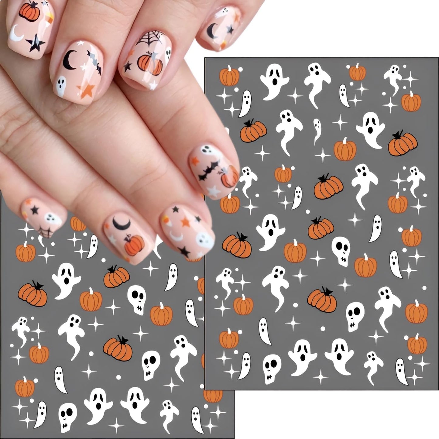 12 Sheets Halloween Nail Stickers for Nail Art 3D Self Adhesive Mummy & Cute Ghost Nail Decals Halloween Nail Stickers with Spider Pumpkin Spider Web Nails Design Flower Nails Supplies for Women Girls-FemmiqueWomen