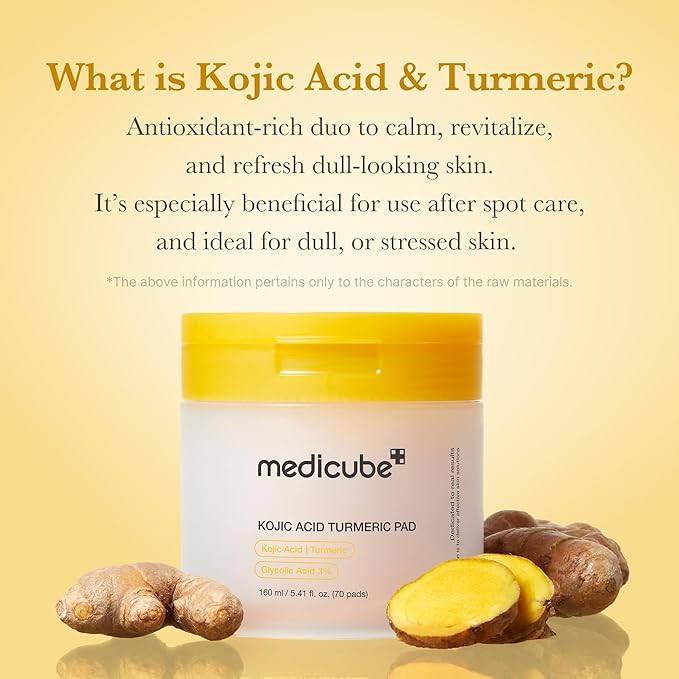 medicube Kojic Acid Turmeric Clarifying Toner Pad for Troubled Skin & Use After Spot Care | Soothing & Calming with Kojic Acid, Turmeric, Niacinamide, and Glycolic Acid | Korean Skin Care, 70 Pads-FemmiqueWomen