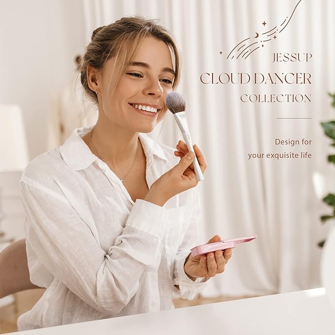 Jessup Makeup Brushes Set 14pcs Highend Makeup Gift Set for Women Include Foundation Concealer Blush Contour Powder Eye Shadow Brush, Makeup Sponge, Makeup Brush Cleaner and Towel, Pearl White T333-FemmiqueWomen