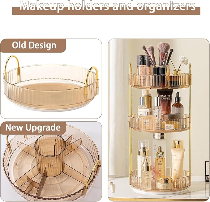 Rotating Makeup Organizer for Vanity, High-Capacity Skincare Clear Make Up Storage Perfume Organizers Cosmetic Dresser Organizer Countertop 360 Spinning (Gold, New-3 Tier)-FemmiqueWomen