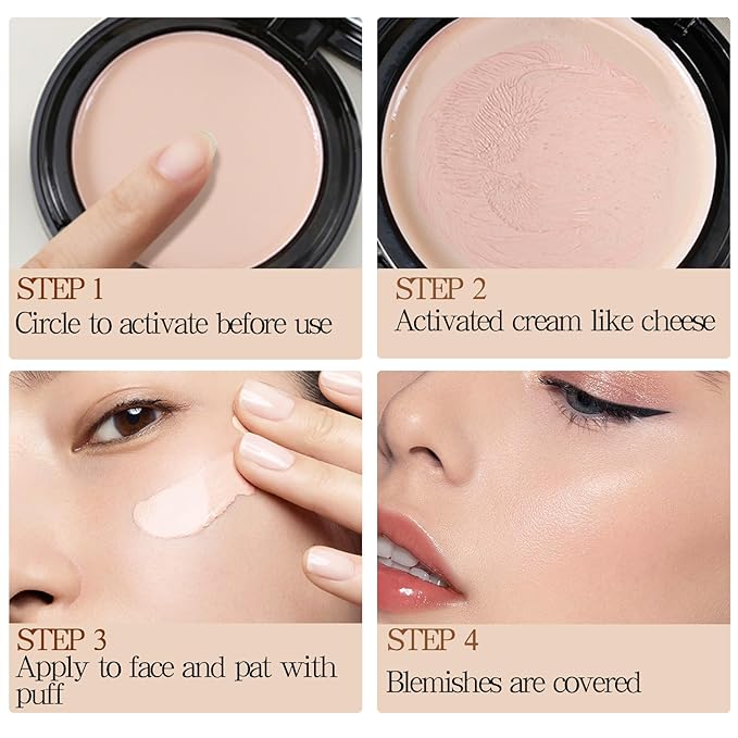 Powder Foundation,Long Wear Full Coverage Foundation with Sponge,Flawess Demi-Matte Finish,Brighten Correcting Color-FemmiqueWomen