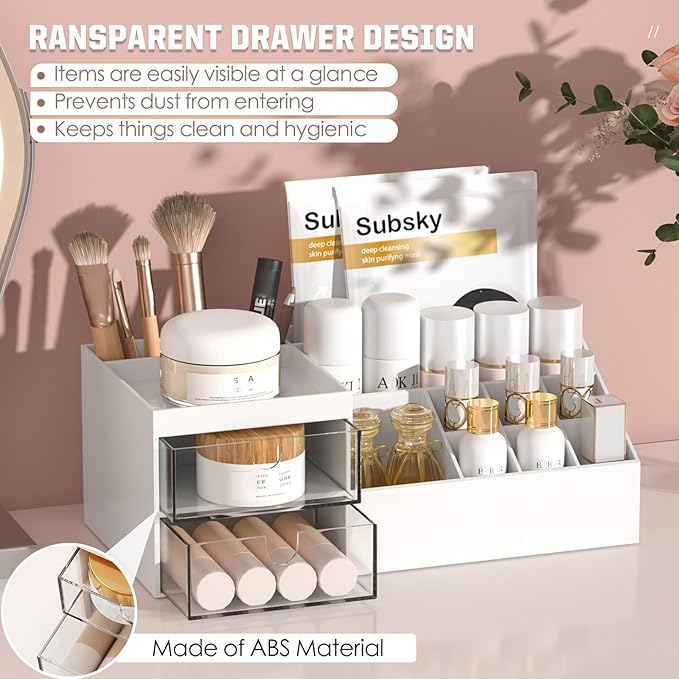 Subsky Makeup Organizer with Drawers, Easy Storage for Beauty Products Brushes, Multifunction Plastic Desk Organizer, Cosmetics Organizer for Countertop Dresser Vanity and Bathroom (White)-FemmiqueWomen