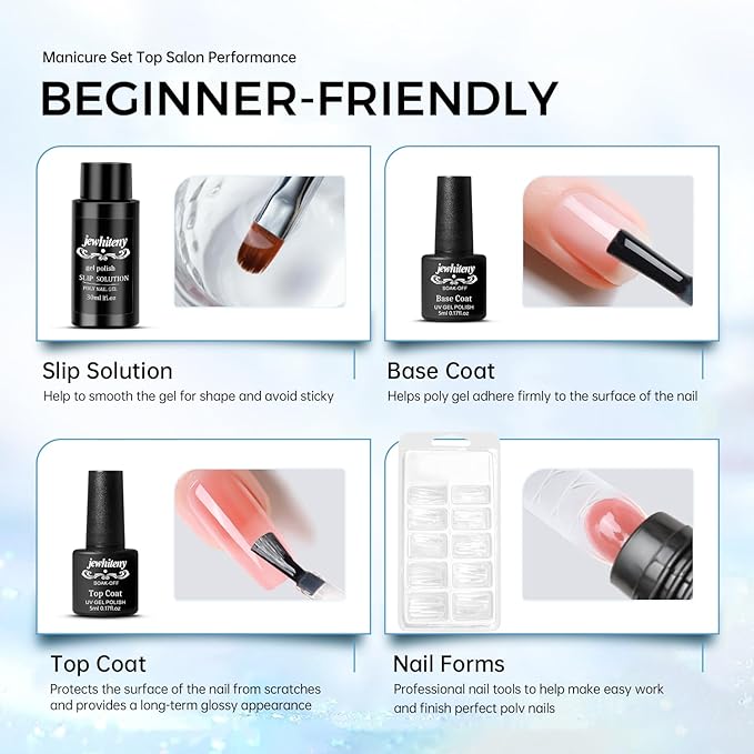 JEWHITENY Poly Nail Gel Kit 14 Colors Purple Nude Grey Black Blue Glitter Tones Starter Kit with UV Lamp Matte & Glossy Top & Base Coat All-in-One Designs DIY At Home-FemmiqueWomen