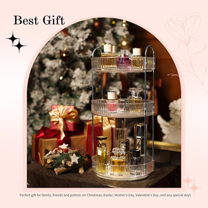 360° Rotating Makeup Organizer for Vanity, Spinning Cosmetics Organizer Holder Rack, Large Capacity Bathroom Organizer Countertop, Fits Perfume, SkinCare, Makeup Brushes 3 Tiers, Transparent-FemmiqueWomen