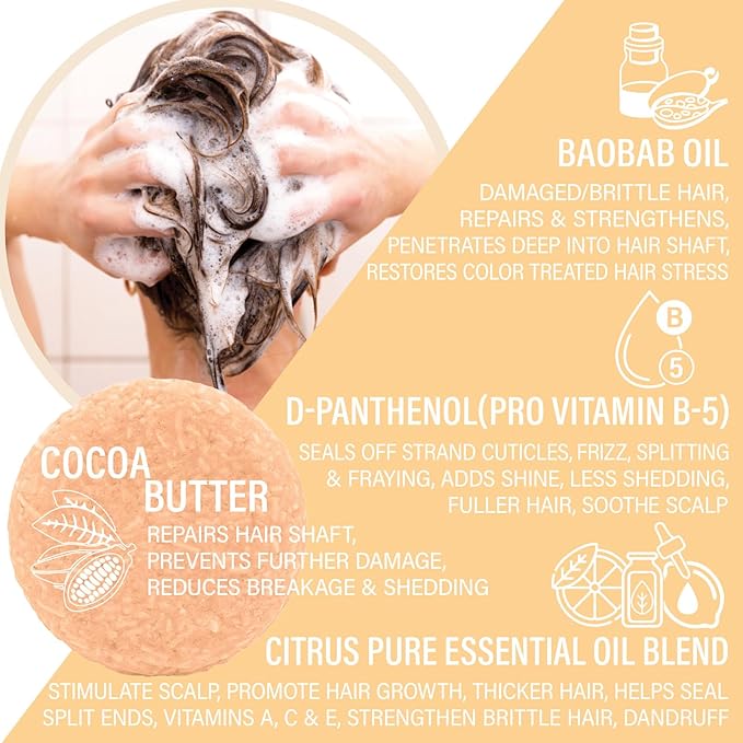 Citrus Splash Shampoo Bars for all Hair Types is Vegan, Sulfate Free and Made in the USA. This beach shampoo bar has a swim detangler and is great as a travel shampoo. Get up to 60 washes.-FemmiqueWomen