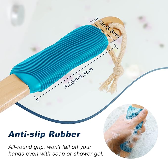 Long Handle Ergonomically Back Scrubber/Brush for Shower, Double Sided Exfoliating Body Scrubber for Women and Men (Light Blue)