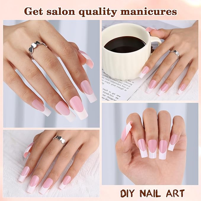 Long French Tip Press on Nails, 150pcs Soft Pink French Gel Nail Tips 15Sizes, Pre-lasting Soak Off Square Acrylic Fake Nails, No Need to File False Nail Tips Extension for Women Nail Gift