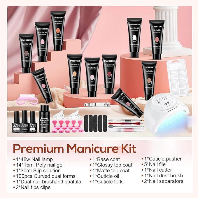 JEWHITENY Poly Extension Gel Kit With 48W LED Nail Lamp 14 Colors Builder Extension Gel All-in-One French Kit Nail Art Design Beginner Kit-FemmiqueWomen
