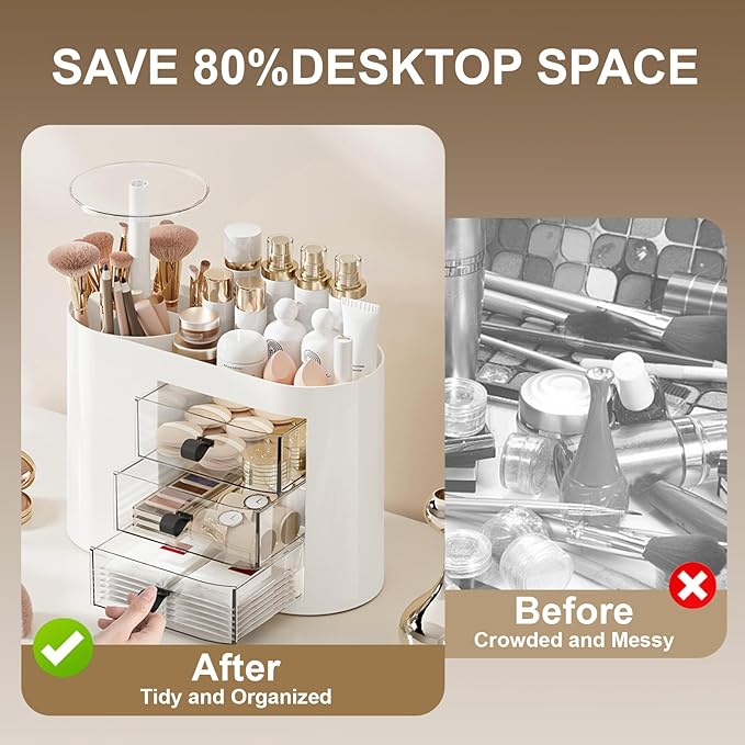 DASITON Makeup Organizer with 3 Drawers,Automatic Lifting Makeup Brush Holder with Lid,Large Capacity Makeup Organizers for Vanity,Bathroom Countertop,Ideal Storage Skin Care,Brushes,Lipstick (White)-FemmiqueWomen